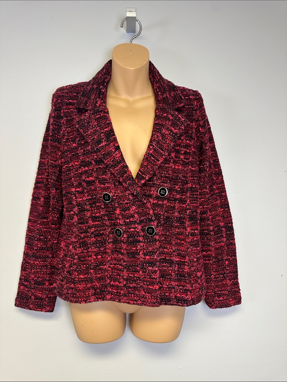Chico’s Red and Black Plaid Tweed Double-Breasted Bouclé Sweater Blazer